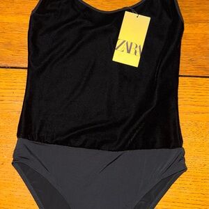 Zara Elegant Black Velvet Bodysuit Size M